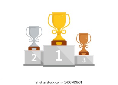 Sieger Podium mit Tassen für den ersten, zweiten und dritten Platz. Pedestal-Gewinner bei Sportveranstaltungen, Preise für Champions. Gold-, Silber- und Bronzetasse auf einem Sockel.