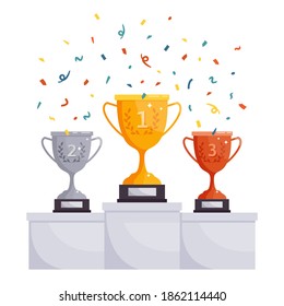 Winner podium cups. Gold, silver, bronze rewards, competition trophy cups, achievement award on pedestal. Victory celebration vector illustration. Award ceremony with falling confetti