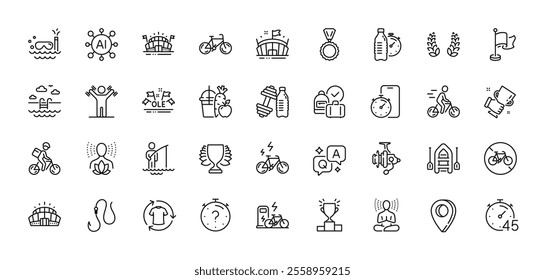 Winner podium, Fishing reel and Winner cup line icons pack. AI, Question and Answer, Map pin icons. Bicycle prohibited, Cyclist, Yoga balance web icon. Hook, Timer, Delivery bike pictogram. Vector