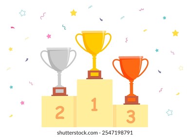 Podio ganador con copas de oro, plata, trofeo de bronce y confeti. Premio pedestal para el primer, segundo, tercer lugar. Plataforma de campeones de la competición para la ceremonia de la victoria. Ilustración vectorial de dibujos animados.