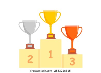 Winner podium with gold, silver, bronze trophy cups. Award pedestal for first, second, third place. Champions platform of competition for victory ceremony. Cartoon vector illustration.