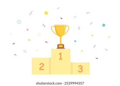 Pódio vencedor com taça de troféu de ouro e confete. Prêmio pedestal para o primeiro lugar. Plataforma campeã da competição para a cerimônia de vitória. Ilustração vetorial de desenho animado isolada em transparente.