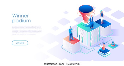 Winner podium isometric landing page vector template. Sport contest website homepage interface illustration layout. Business leadership coaching courses web banner isometry concept