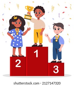 Winner podium with kids. Best students in school, competitions among children. Leadership, motivation and success. Award and goal achievement, prize and trophy. Cartoon flat vector illustration