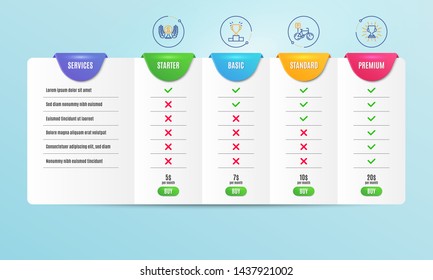 Winner podium, Laureate award and Bicycle parking icons simple set. Comparison table. Trophy sign. Competition results, Prize, Bike park. Winner cup. Sports set. Pricing plan. Compare products. Vector