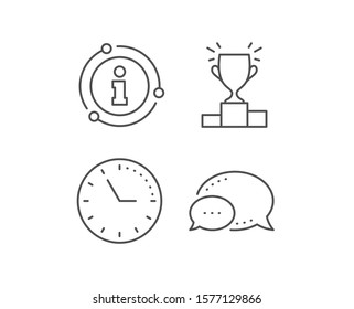 Winner podium line icon. Chat bubble, info sign elements. Sports Trophy symbol. Championship achievement sign. Linear winner podium outline icon. Information bubble. Vector