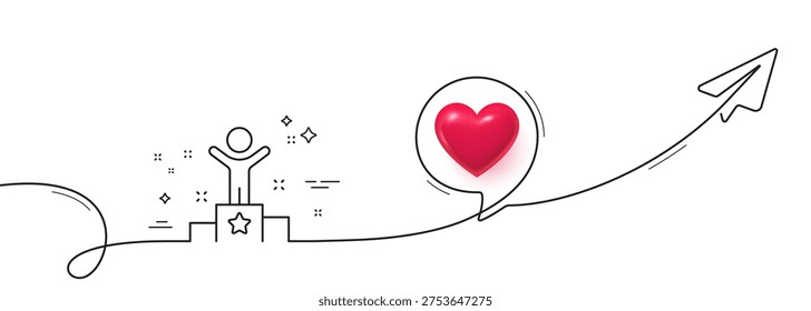 Winner podium line icon. Continuous line with share plane. Success sign. First place award symbol. 3d heart in speech bubble. Winner single line ribbon. Loop curve pattern. Vector