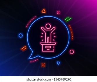 Winner podium line icon. Neon laser lights. First place sign. Best rank star symbol. Glow laser speech bubble. Neon lights chat bubble. Banner badge with winner podium icon. Vector