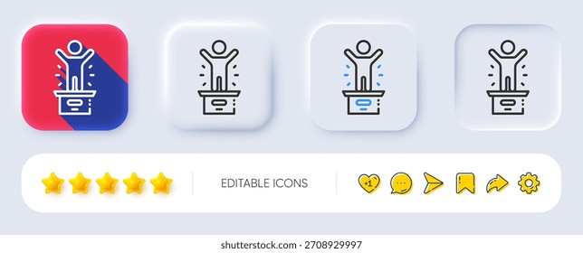 Icono de la línea del podio ganador. Neumórfico, Sombra plana, Botones 3D. Señal del primer lugar. Símbolo de la estrella de mejor rango. Icono de podio del ganador de la línea. Iconos de redes sociales. Vector