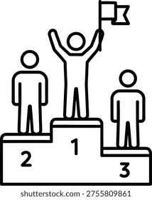 Winner podium line icon with three people. First place champion holds a flag. Represents success, leadership, sports victory, and business achievements