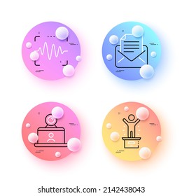 Winner podium, Mail correspondence and Voice wave minimal line icons. 3d spheres or balls buttons. Video conference icons. For web, application, printing. Vector