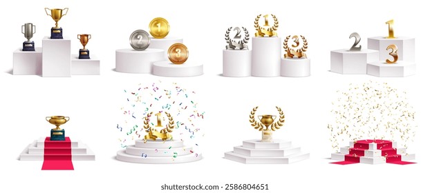 Winner podium, medal and cups. Podium for ceremony award vector set