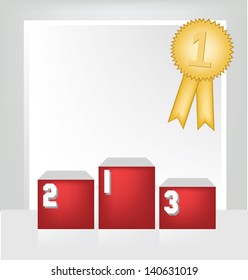 Winner podium. Medals. White backdrop in room. vector illustration.