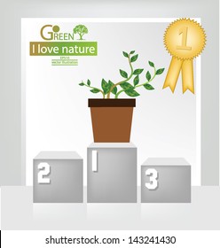 Winner podium. Medals. White backdrop in room. Green concepts save energy. vector illustration.