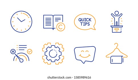 Winner podium, No internet and Seo gear line icons set. Smile chat, Copyright and Time signs. Quickstart guide, Clean towel symbols. First place, Bandwidth meter. Business set. Vector