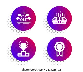 Winner podium, Ole chant and Arena stadium icons simple set. Halftone dots button. Reward sign. Competition results, Sport championship, Competition building. Best medal. Sports set. Vector