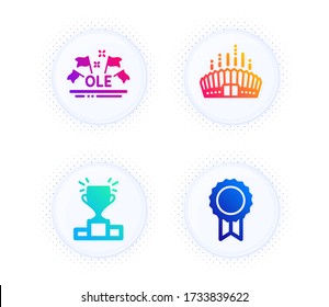 Winner podium, Ole chant and Arena stadium icons simple set. Button with halftone dots. Reward sign. Competition results, Sport championship, Competition building. Best medal. Sports set. Vector