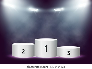 Winner podium on bright background. Empty pedestal for award ceremony. Platform illuminated by spotlights. Vector illustration.
