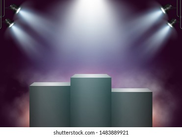 Winner podium on bright background with smoke. Empty pedestal for award ceremony. Platform illuminated by spotlights. Vector illustration.