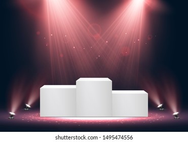 Winner podium on bright background with. Empty pedestal for award ceremony. Platform illuminated by spotlights. Vector illustration.