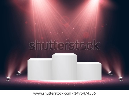 Winner podium on bright background with. Empty pedestal for award ceremony. Platform illuminated by spotlights. Vector illustration.