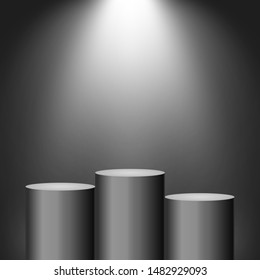 Winner podium on dark background. Empty pedestal for award ceremony. Platform illuminated by spotlights. Vector illustration.