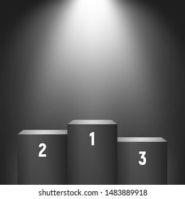 Winner podium on dark background. Empty pedestal for award ceremony. Platform illuminated by spotlights. Vector illustration.