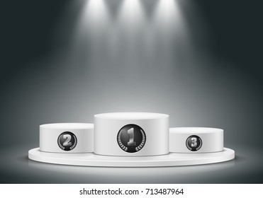 Winner Podium On Dark Background. Empty Pedestal For Award Ceremony. Platform Illuminated By Spotlights. Vector Illustration.