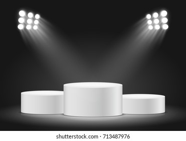Winner podium on dark background. Empty pedestal for award ceremony. Platform illuminated by spotlights. Vector illustration.