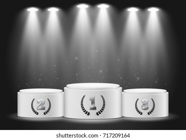 Winner podium on dark background. Empty pedestal for award ceremony. Platform illuminated by spotlights. Vector illustration.