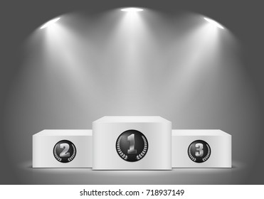Winner podium on dark background. Empty pedestal for award ceremony. Platform illuminated by spotlights. Vector illustration.