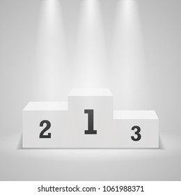 Winner podium on light background. Empty pedestal for award ceremony. Platform illuminated by spotlights. Vector illustration - stock vector