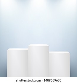 Winner podium on light background. Empty pedestal for award ceremony. Platform illuminated by spotlights. Vector illustration.