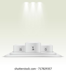 Winner podium on light background. Empty pedestal for award ceremony. Platform illuminated by spotlights. Vector illustration.