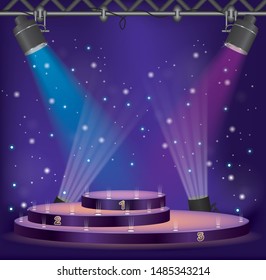 Winner podium, pedestal or platfrom scene and colorful lighting projectors with violet background and spotlighting. Illustration art cartoon vector - Shutterstock ID 1485343214