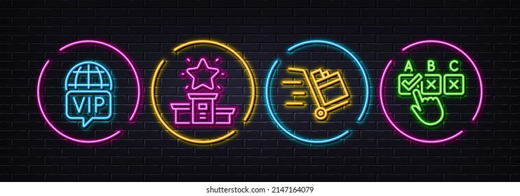 Sieger Podium, Push Cart und Vip Internet minimale Linie Symbole. Neon Laser 3D-Lichter. Korrigieren Sie die Markierungssymbole. Für Web, Anwendung, Druck. First place, Express-Lieferung, Exklusives Privileg. Vektorgrafik