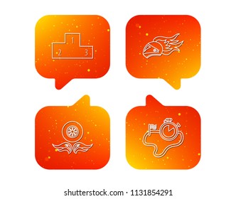 Winner podium, race timer and wheel on fire icons. Motorcycle helmet on fire linear sign. Orange Speech bubbles with icons set. Soft color gradient chat symbols. Vector