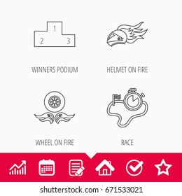 Winner podium, race timer and wheel on fire icons. Motorcycle helmet on fire linear sign. Edit document, Calendar and Graph chart signs. Star, Check and House web icons. Vector