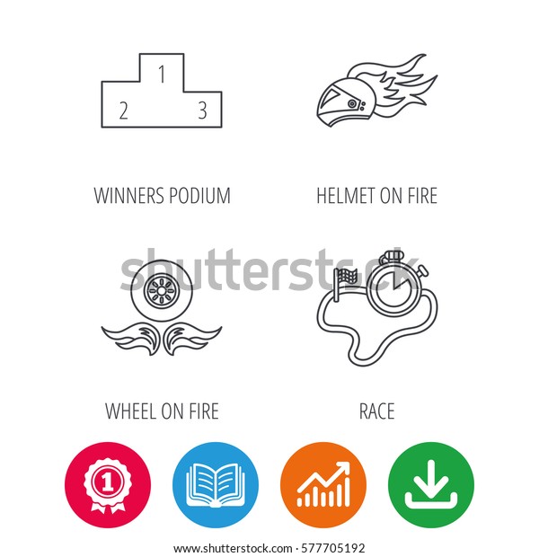 Winner podium, race timer
and wheel on fire icons. Motorcycle helmet on fire linear sign.
Award medal, growth chart and opened book web icons. Download
arrow. Vector