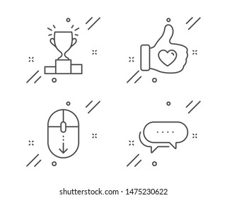 Winner podium, Scroll down and Like hand line icons set. Dots message sign. Competition results, Mouse swipe, Thumbs up. Chat bubble. Business set. Line winner podium outline icon. Vector