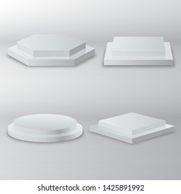 Winner podium set. 3d empty white podiums round and square. Round podium, pedestal or platform illuminated by spotlights. Winner 3d pedestal champion circular base first place trophy award win.