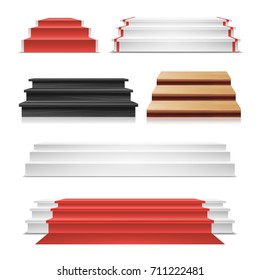 Winner Podium Set Vector. Red Carpet. Wooden Staircase. Pedestal Blank, Template, Mock Up. Isolated On White Background Illustration. 
