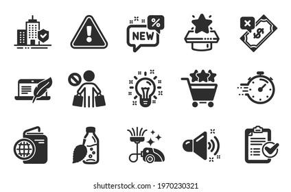 Winner podium, Shopping rating and Timer icons simple set. New, Vacuum cleaner and Copyright laptop signs. Loud sound, Idea and Water bottle symbols. Flat icons set. Vector