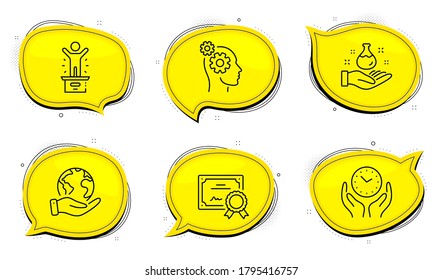 Winner Podium Sign. Diploma Certificate, Save Planet Chat Bubbles. Chemistry Lab, Safe Time And Thoughts Line Icons Set. Laboratory, Hold Clock, Business Work. First Place. People Set. Vector