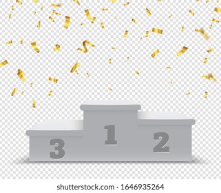 Winner podium. Sport winners pedestal, 3d steps. Celebration stand or platform for trophies with gold confetti. Isolated victory vector illustration