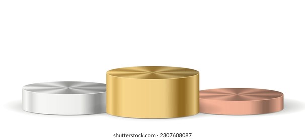 Winner podium sports symbols. Podium set. Set realistic podium. Pedestal and platform. Round empty stages and podium stairs. Vector illustration