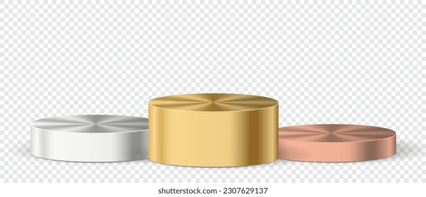 Winner podium sports symbols. Podium set. Set realistic podium. Pedestal and platform. Round empty stages and podium stairs. Vector illustration