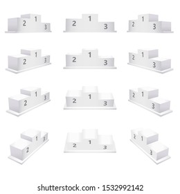 Winner podium template, great design for any purposes. Illuminated scene. Win achievement. Pedestal white podium vector isolated illustration. 