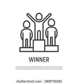 Winner at podium thin line icon. Champion, leader, achievement of goal. Vector illustration.