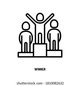 Ganador en el icono de la línea delgada del podio. Campeón, líder, logro de la meta. Ilustración vectorial.